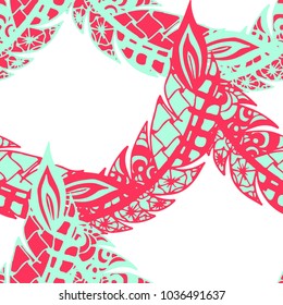 Seamless Pattern with Gentle Feathers. Feminine White Doodles on Light Background. Modern Rapport with Hand Drawn Zentangles Scanned and Traced to Vector. Romantic Texture for Wallpaper