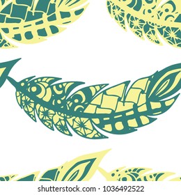 Seamless Pattern with Gentle Feathers. Feminine White Doodles on Light Background. Modern Rapport with Hand Drawn Zentangles Scanned and Traced to Vector. Romantic Texture for Wallpaper
