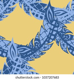 Seamless Pattern with Gentle Feathers. Feminine White Doodles on Light Background. Modern Rapport with Hand Drawn Zentangles Scanned and Traced to Vector. Romantic Texture for Wallpaper