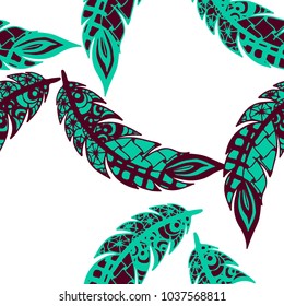 Seamless Pattern with Gentle Feathers. Feminine White Doodles on Light Background. Modern Rapport with Hand Drawn Zentangles Scanned and Traced to Vector. Romantic Texture for Wallpaper