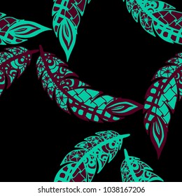 Seamless Pattern with Gentle Feathers. Feminine White Doodles on Light Background. Modern Rapport with Hand Drawn Zentangles Scanned and Traced to Vector. Romantic Texture for Wallpaper