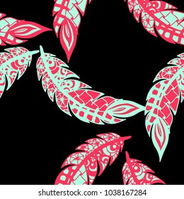 Seamless Pattern with Gentle Feathers. Feminine White Doodles on Light Background. Modern Rapport with Hand Drawn Zentangles Scanned and Traced to Vector. Romantic Texture for Wallpaper
