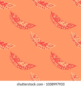 Seamless Pattern with Gentle Feathers. Feminine White Doodles on Light Background. Modern Rapport with Hand Drawn Zentangles Scanned and Traced to Vector. Romantic Texture for Wallpaper