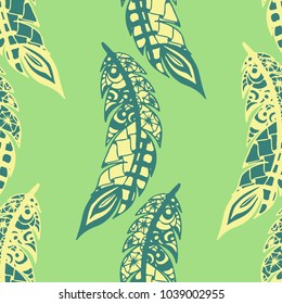 Seamless Pattern with Gentle Feathers. Feminine White Doodles on Light Background. Modern Rapport with Hand Drawn Zentangles Scanned and Traced to Vector. Romantic Texture for Wallpaper