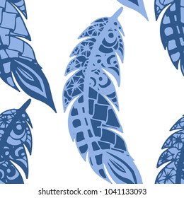 Seamless Pattern with Gentle Feathers. Feminine White Doodles on Light Background. Modern Rapport with Hand Drawn Zentangles Scanned and Traced to Vector. Romantic Texture for Wallpaper