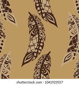 Seamless Pattern with Gentle Feathers. Feminine White Doodles on Light Background. Modern Rapport with Hand Drawn Zentangles Scanned and Traced to Vector. Romantic Texture for Wallpaper