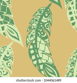 Seamless Pattern with Gentle Feathers. Feminine White Doodles on Light Background. Modern Rapport with Hand Drawn Zentangles Scanned and Traced to Vector. Romantic Texture for Wallpaper