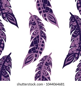 Seamless Pattern with Gentle Feathers. Feminine White Doodles on Light Background. Modern Rapport with Hand Drawn Zentangles Scanned and Traced to Vector. Romantic Texture for Wallpaper