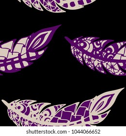 Seamless Pattern with Gentle Feathers. Feminine White Doodles on Light Background. Modern Rapport with Hand Drawn Zentangles Scanned and Traced to Vector. Romantic Texture for Wallpaper