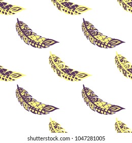 Seamless Pattern with Gentle Feathers. Feminine White Doodles on Light Background. Modern Rapport with Hand Drawn Zentangles Scanned and Traced to Vector. Romantic Texture for Wallpaper