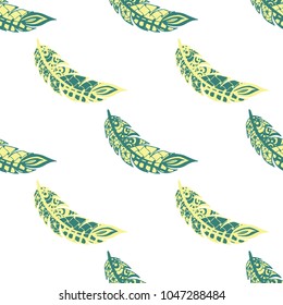Seamless Pattern with Gentle Feathers. Feminine White Doodles on Light Background. Modern Rapport with Hand Drawn Zentangles Scanned and Traced to Vector. Romantic Texture for Wallpaper