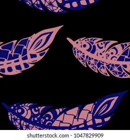 Seamless Pattern with Gentle Feathers. Feminine White Doodles on Light Background. Modern Rapport with Hand Drawn Zentangles Scanned and Traced to Vector. Romantic Texture for Wallpaper