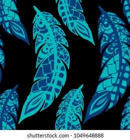 Seamless Pattern with Gentle Feathers. Feminine White Doodles on Light Background. Modern Rapport with Hand Drawn Zentangles Scanned and Traced to Vector. Romantic Texture for Wallpaper
