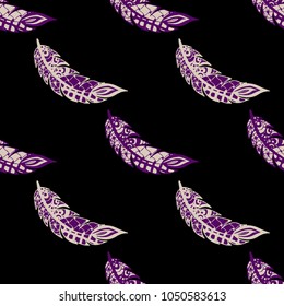 Seamless Pattern with Gentle Feathers. Feminine White Doodles on Light Background. Modern Rapport with Hand Drawn Zentangles Scanned and Traced to Vector. Romantic Texture for Wallpaper