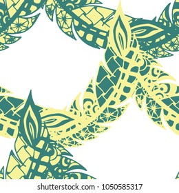 Seamless Pattern with Gentle Feathers. Feminine White Doodles on Light Background. Modern Rapport with Hand Drawn Zentangles Scanned and Traced to Vector. Romantic Texture for Wallpaper