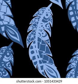 Seamless Pattern with Gentle Feathers. Feminine White Doodles on Light Background. Modern Rapport with Hand Drawn Zentangles Scanned and Traced to Vector. Romantic Texture for Wallpaper