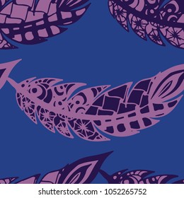 Seamless Pattern with Gentle Feathers. Feminine White Doodles on Light Background. Modern Rapport with Hand Drawn Zentangles Scanned and Traced to Vector. Romantic Texture for Wallpaper