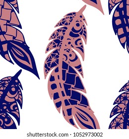 Seamless Pattern with Gentle Feathers. Feminine White Doodles on Light Background. Modern Rapport with Hand Drawn Zentangles Scanned and Traced to Vector. Romantic Texture for Wallpaper