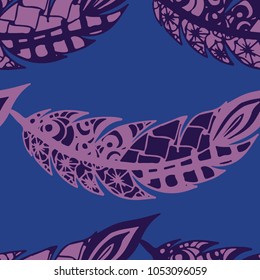 Seamless Pattern with Gentle Feathers. Feminine White Doodles on Light Background. Modern Rapport with Hand Drawn Zentangles Scanned and Traced to Vector. Romantic Texture for Wallpaper