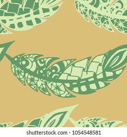 Seamless Pattern with Gentle Feathers. Feminine White Doodles on Light Background. Modern Rapport with Hand Drawn Zentangles Scanned and Traced to Vector. Romantic Texture for Wallpaper