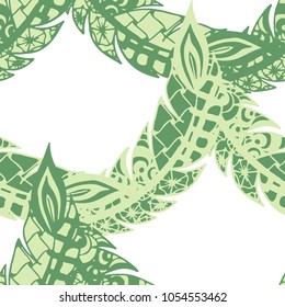 Seamless Pattern with Gentle Feathers. Feminine White Doodles on Light Background. Modern Rapport with Hand Drawn Zentangles Scanned and Traced to Vector. Romantic Texture for Wallpaper
