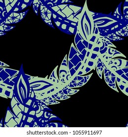 Seamless Pattern with Gentle Feathers. Feminine White Doodles on Light Background. Modern Rapport with Hand Drawn Zentangles Scanned and Traced to Vector. Romantic Texture for Wallpaper