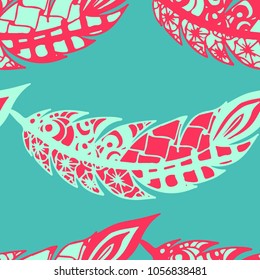 Seamless Pattern with Gentle Feathers. Feminine White Doodles on Light Background. Modern Rapport with Hand Drawn Zentangles Scanned and Traced to Vector. Romantic Texture for Wallpaper