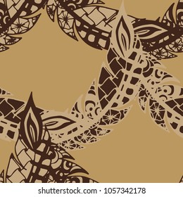 Seamless Pattern with Gentle Feathers. Feminine White Doodles on Light Background. Modern Rapport with Hand Drawn Zentangles Scanned and Traced to Vector. Romantic Texture for Wallpaper