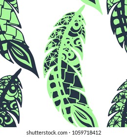 Seamless Pattern with Gentle Feathers. Feminine White Doodles on Light Background. Modern Rapport with Hand Drawn Zentangles Scanned and Traced to Vector. Romantic Texture for Wallpaper