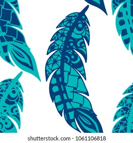 Seamless Pattern with Gentle Feathers. Feminine White Doodles on Light Background. Modern Rapport with Hand Drawn Zentangles Scanned and Traced to Vector. Romantic Texture for Wallpaper