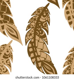 Seamless Pattern with Gentle Feathers. Feminine White Doodles on Light Background. Modern Rapport with Hand Drawn Zentangles Scanned and Traced to Vector. Romantic Texture for Wallpaper
