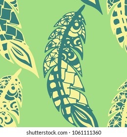 Seamless Pattern with Gentle Feathers. Feminine White Doodles on Light Background. Modern Rapport with Hand Drawn Zentangles Scanned and Traced to Vector. Romantic Texture for Wallpaper