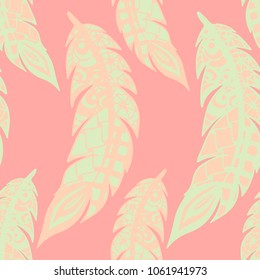 Seamless Pattern with Gentle Feathers. Feminine White Doodles on Light Background. Modern Rapport with Hand Drawn Zentangles Scanned and Traced to Vector. Romantic Texture for Wallpaper