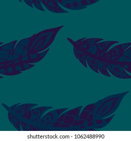 Seamless Pattern with Gentle Feathers. Feminine White Doodles on Light Background. Modern Rapport with Hand Drawn Zentangles Scanned and Traced to Vector. Romantic Texture for Wallpaper