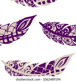 Seamless Pattern with Gentle Feathers. Feminine White Doodles on Light Background. Modern Rapport with Hand Drawn Zentangles Scanned and Traced to Vector. Romantic Texture for Wallpaper