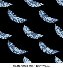 Seamless Pattern with Gentle Feathers. Feminine White Doodles on Light Background. Modern Rapport with Hand Drawn Zentangles Scanned and Traced to Vector. Romantic Texture for Wallpaper