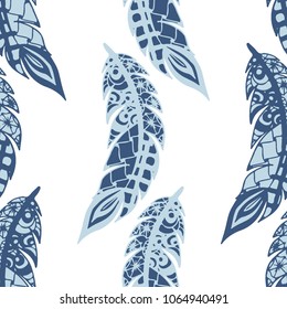 Seamless Pattern with Gentle Feathers. Feminine White Doodles on Light Background. Modern Rapport with Hand Drawn Zentangles Scanned and Traced to Vector. Romantic Texture for Wallpaper