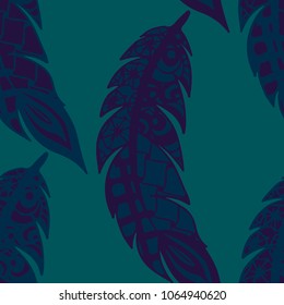 Seamless Pattern with Gentle Feathers. Feminine White Doodles on Light Background. Modern Rapport with Hand Drawn Zentangles Scanned and Traced to Vector. Romantic Texture for Wallpaper
