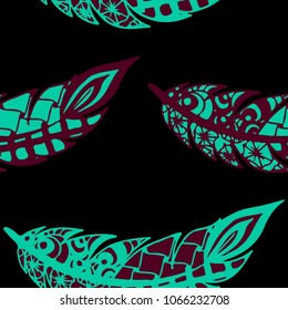 Seamless Pattern with Gentle Feathers. Feminine White Doodles on Light Background. Modern Rapport with Hand Drawn Zentangles Scanned and Traced to Vector. Romantic Texture for Wallpaper