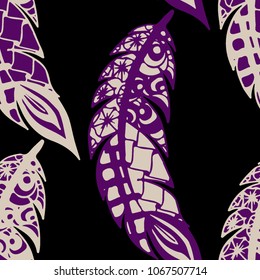 Seamless Pattern with Gentle Feathers. Feminine White Doodles on Light Background. Modern Rapport with Hand Drawn Zentangles Scanned and Traced to Vector. Romantic Texture for Wallpaper
