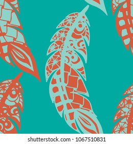 Seamless Pattern with Gentle Feathers. Feminine White Doodles on Light Background. Modern Rapport with Hand Drawn Zentangles Scanned and Traced to Vector. Romantic Texture for Wallpaper