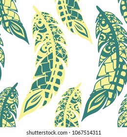 Seamless Pattern with Gentle Feathers. Feminine White Doodles on Light Background. Modern Rapport with Hand Drawn Zentangles Scanned and Traced to Vector. Romantic Texture for Wallpaper