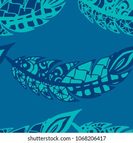 Seamless Pattern with Gentle Feathers. Feminine White Doodles on Light Background. Modern Rapport with Hand Drawn Zentangles Scanned and Traced to Vector. Romantic Texture for Wallpaper