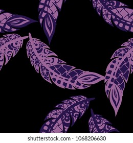 Seamless Pattern with Gentle Feathers. Feminine White Doodles on Light Background. Modern Rapport with Hand Drawn Zentangles Scanned and Traced to Vector. Romantic Texture for Wallpaper