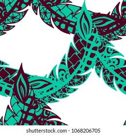 Seamless Pattern with Gentle Feathers. Feminine White Doodles on Light Background. Modern Rapport with Hand Drawn Zentangles Scanned and Traced to Vector. Romantic Texture for Wallpaper