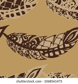 Seamless Pattern with Gentle Feathers. Feminine White Doodles on Light Background. Modern Rapport with Hand Drawn Zentangles Scanned and Traced to Vector. Romantic Texture for Wallpaper