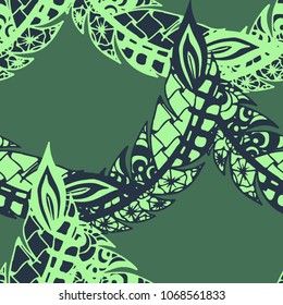 Seamless Pattern with Gentle Feathers. Feminine White Doodles on Light Background. Modern Rapport with Hand Drawn Zentangles Scanned and Traced to Vector. Romantic Texture for Wallpaper