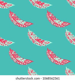 Seamless Pattern with Gentle Feathers. Feminine White Doodles on Light Background. Modern Rapport with Hand Drawn Zentangles Scanned and Traced to Vector. Romantic Texture for Wallpaper