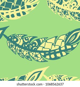 Seamless Pattern with Gentle Feathers. Feminine White Doodles on Light Background. Modern Rapport with Hand Drawn Zentangles Scanned and Traced to Vector. Romantic Texture for Wallpaper