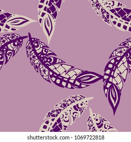 Seamless Pattern with Gentle Feathers. Feminine White Doodles on Light Background. Modern Rapport with Hand Drawn Zentangles Scanned and Traced to Vector. Romantic Texture for Wallpaper